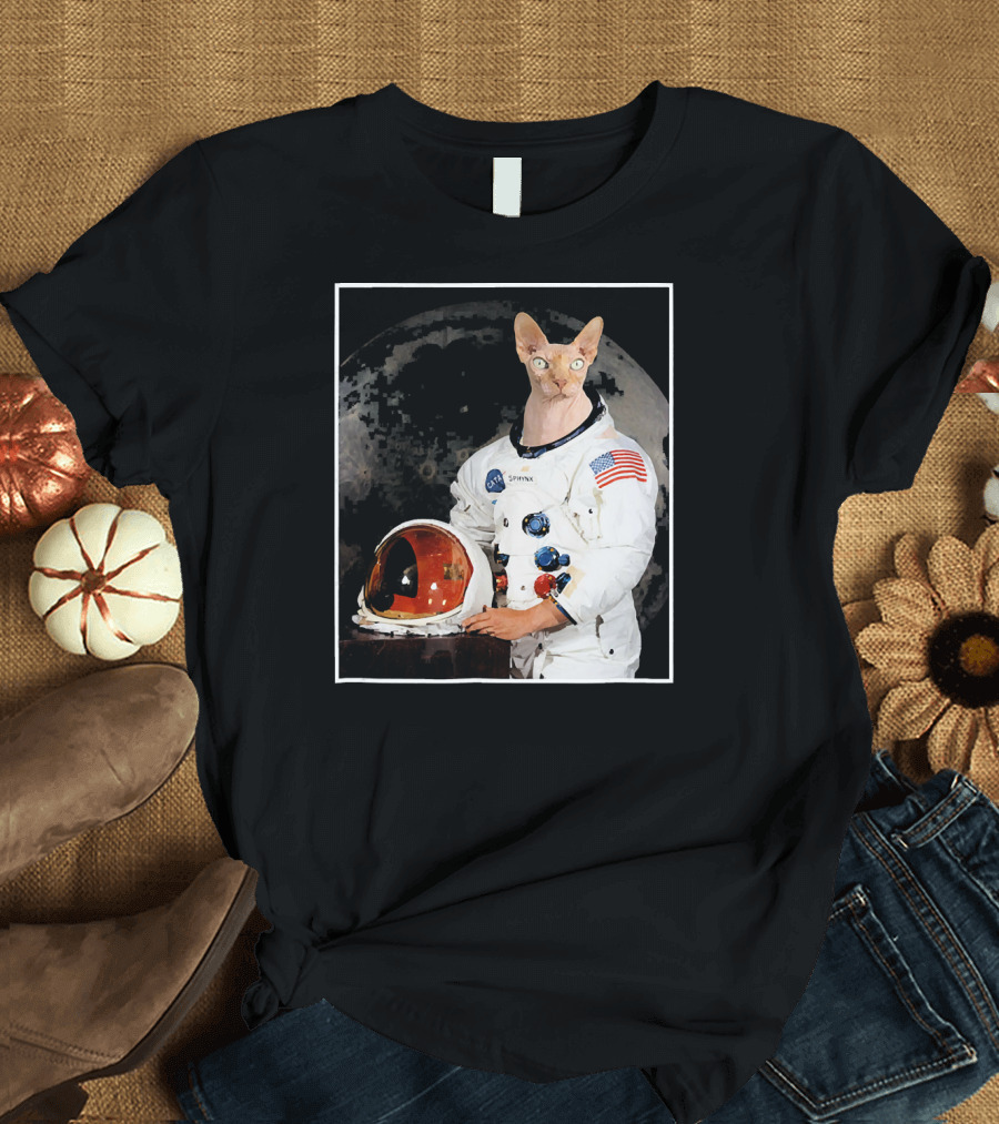 Sphynx Cat Astronaut with NASA Spacesuit and American Flag Patch T-Shirt