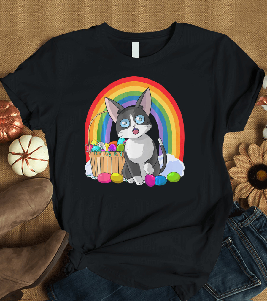 Rainbow Easter Eggs Cat Bunny Kitten Basket T-Shirt