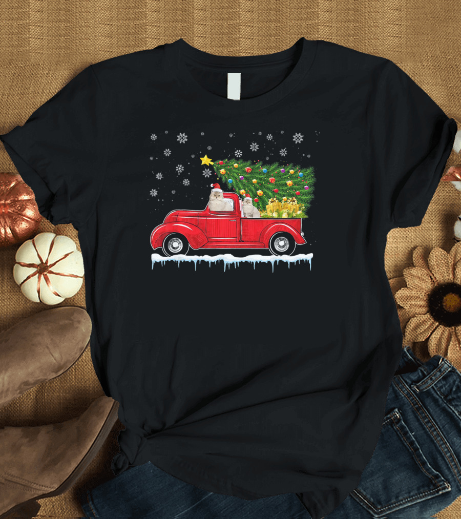 Persian Cat Christmas Red Truck with Tree and Snowflakes T-Shirt