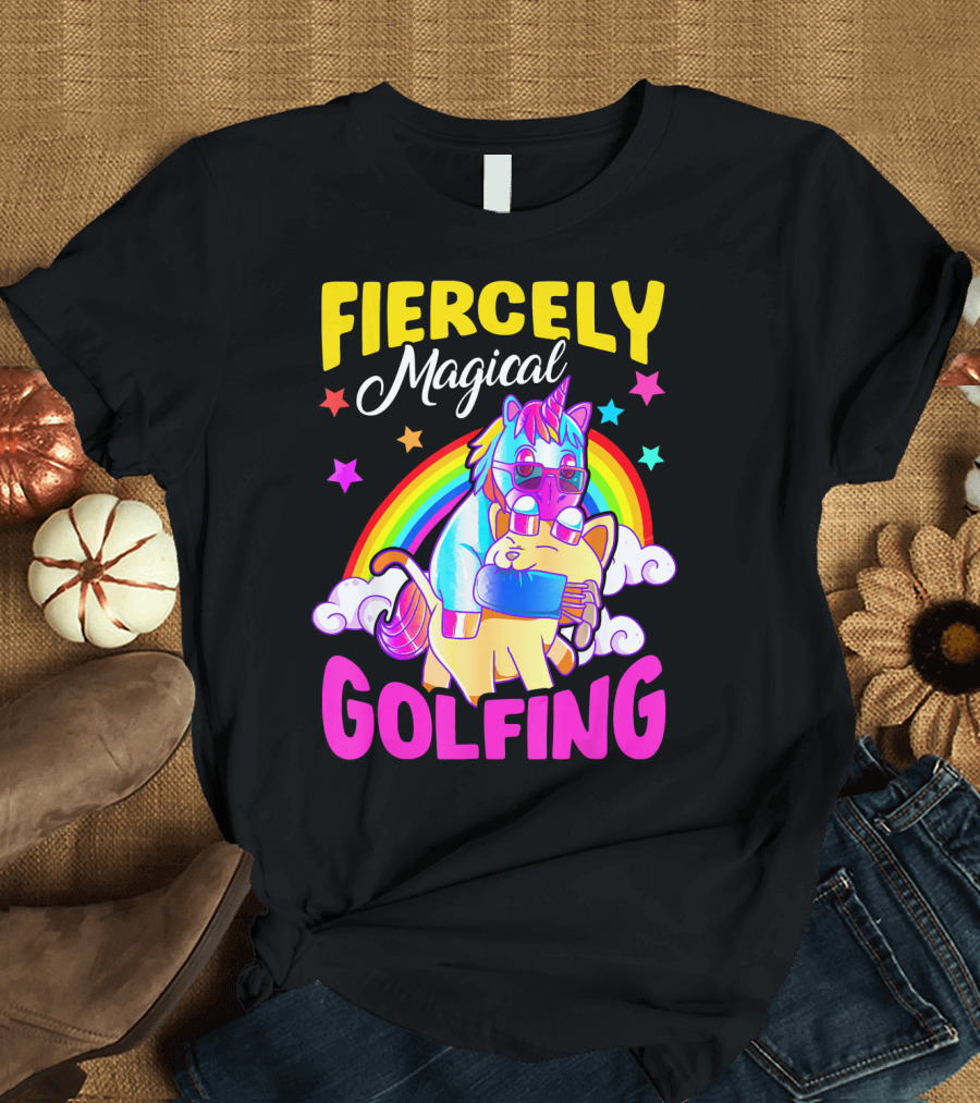 Fiercely Magical Golfing Unicorn Cat Rainbow Adventure T-Shirt
