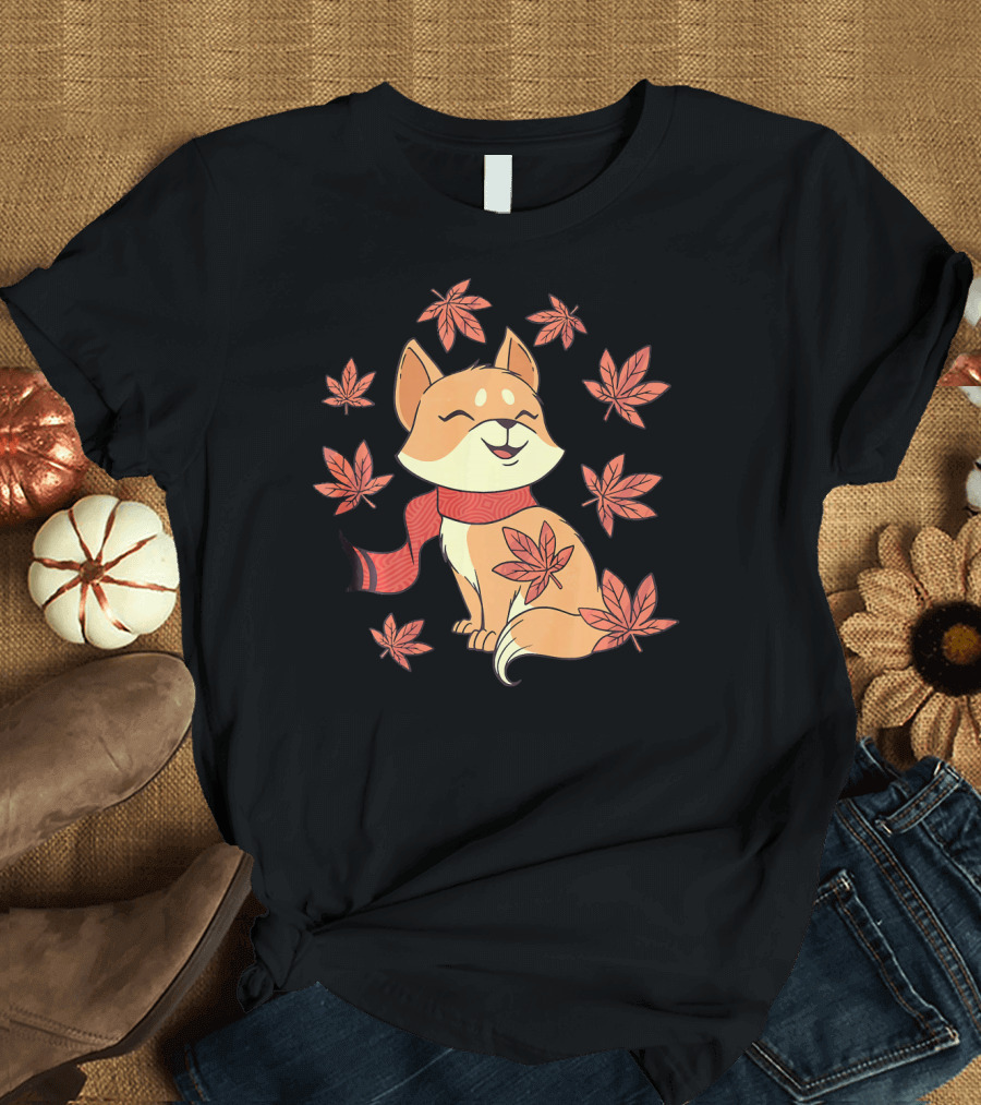 Fall Cat with Scarf Surrounded by Autumn Leaves Kitten Lover T-Shirt