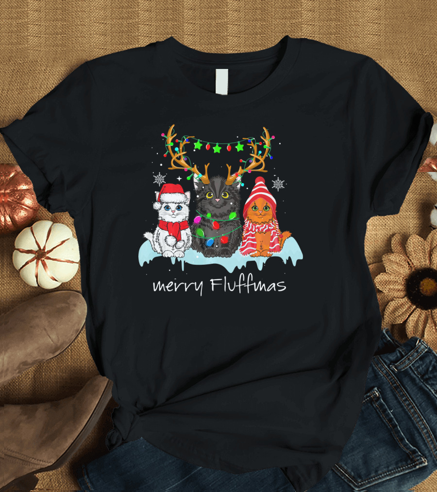 Merry Fluffmas Cat Trio with Antlers and Festive Lights T-Shirt