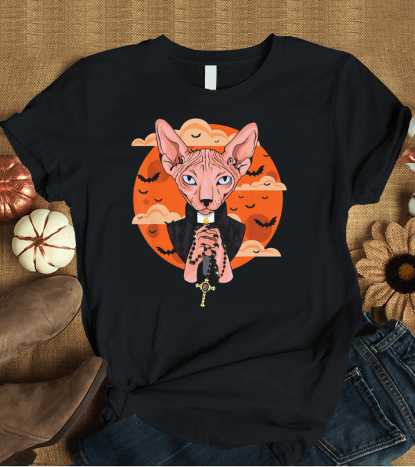 T-Shirt: Sphynx Cat Priest with Rosary and Halloween Bats T-Shirt Sphynx Cat Priest with Rosary and Halloween Bats T-Shirt