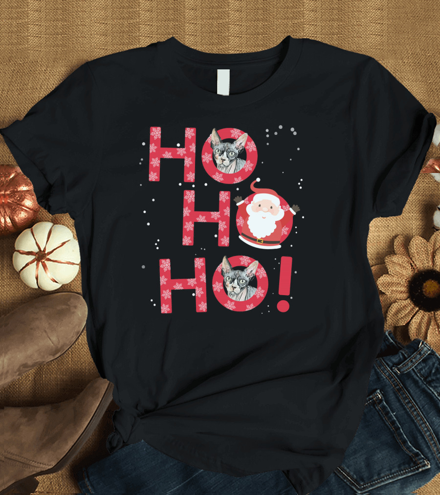 Ho Ho Ho Sphynx Cat Santa Snowflakes T-Shirt