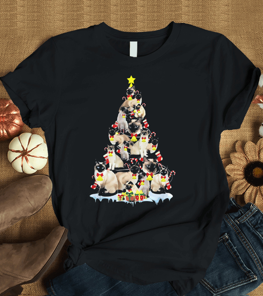 Siamese Cats Holiday Christmas Tree with Presents and Candy Canes T-Shirt