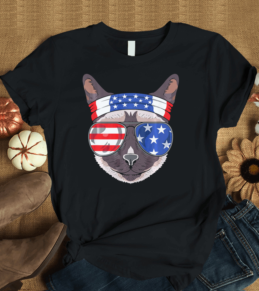 USA Patriotic Siamese Cat with American Flag Sunglasses and Headband for July T-Shirt