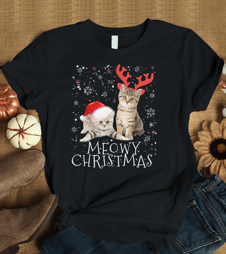 Meowy Christmas Kitten Cat Kitty Antlers Santa Hat T-Shirt