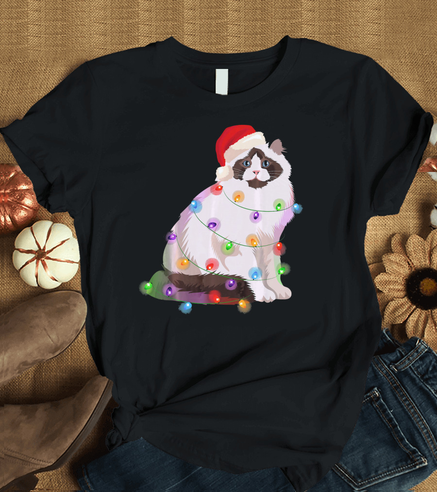 Ragdoll Cat with Christmas Lights and Santa Hat T-Shirt