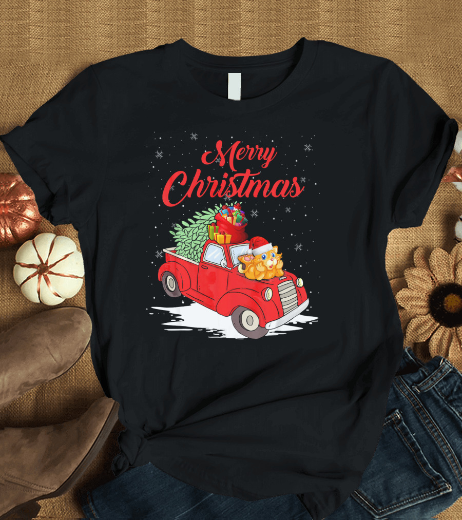 Merry Christmas Cute Cat on Red Truck with Gifts and Snowflakes T-Shirt