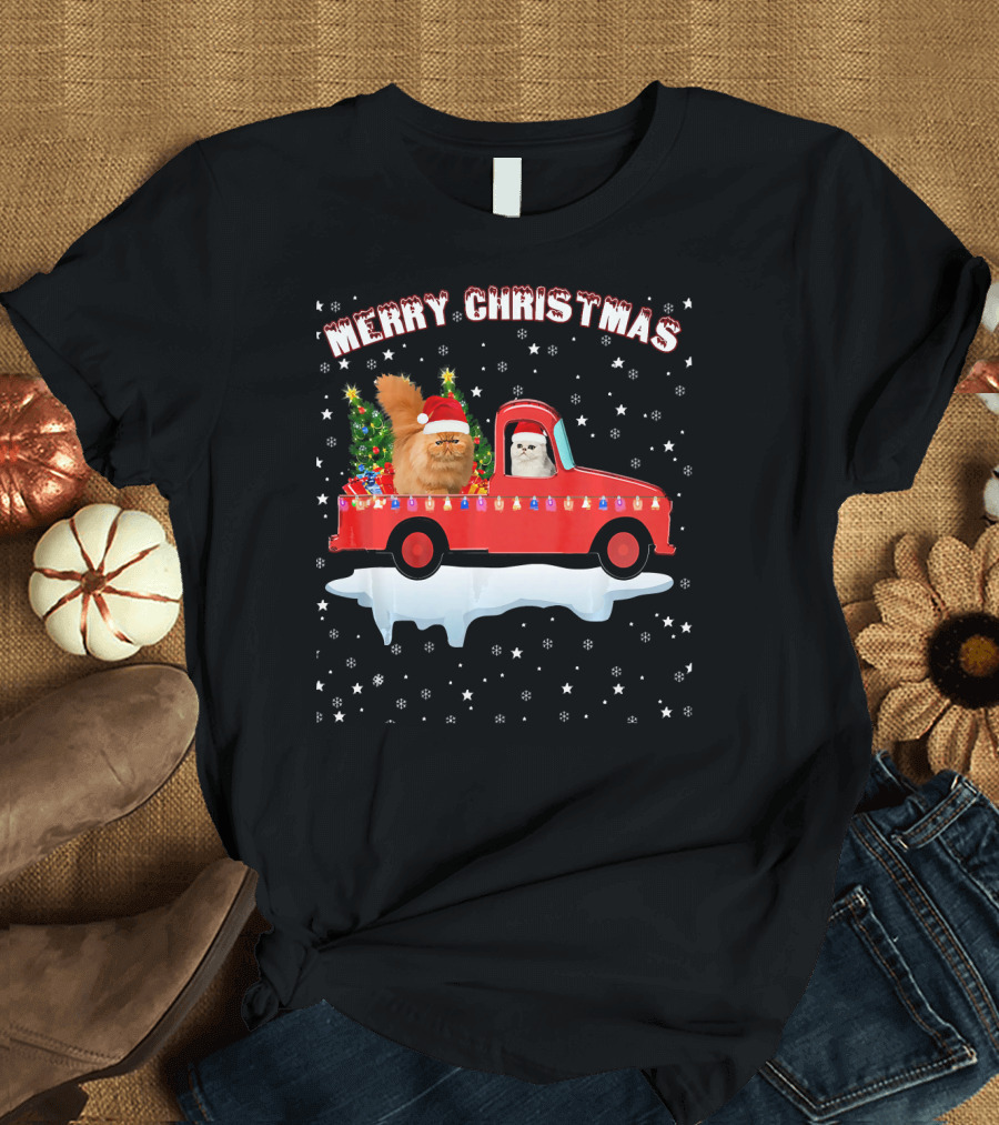 Merry Christmas Persian Cat Riding Red Truck with Lights and Tree T-Shirt