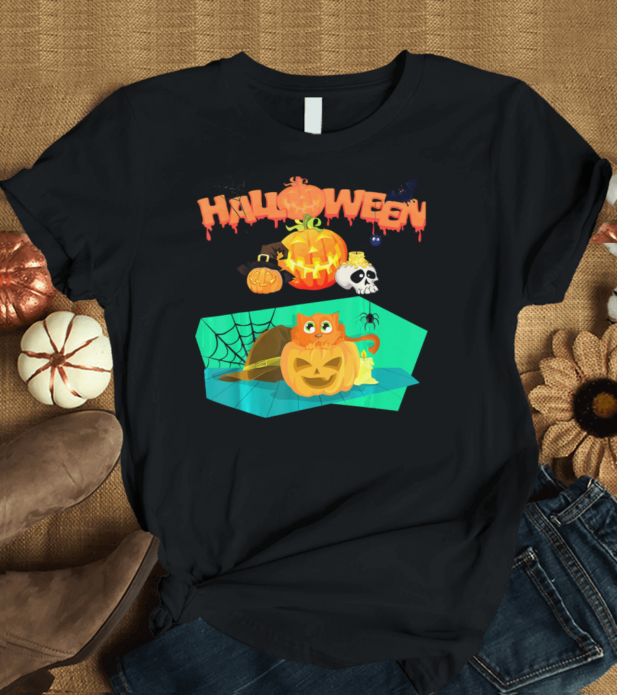 Halloween Orange Cat Kitty Kitten Hiding with Pumpkins and Spiderweb T-Shirt