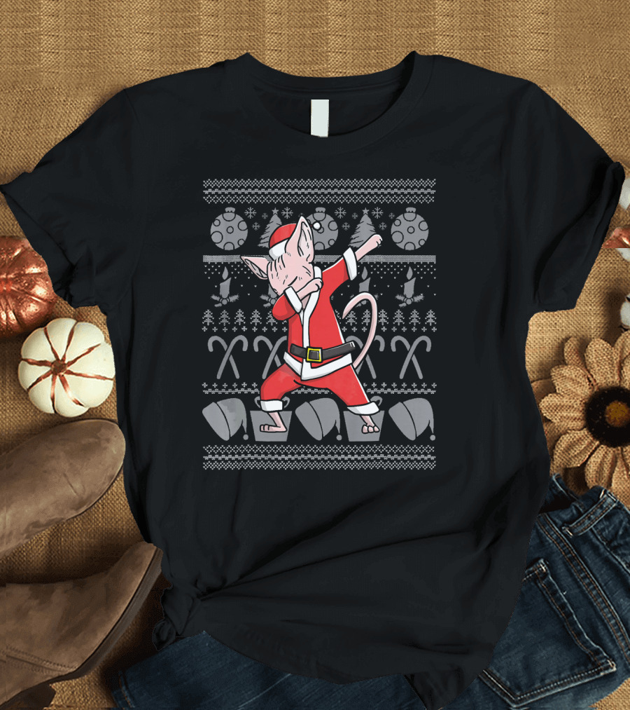 Funny Dabbing Sphynx Cat Christmas Ugly T-Shirt
