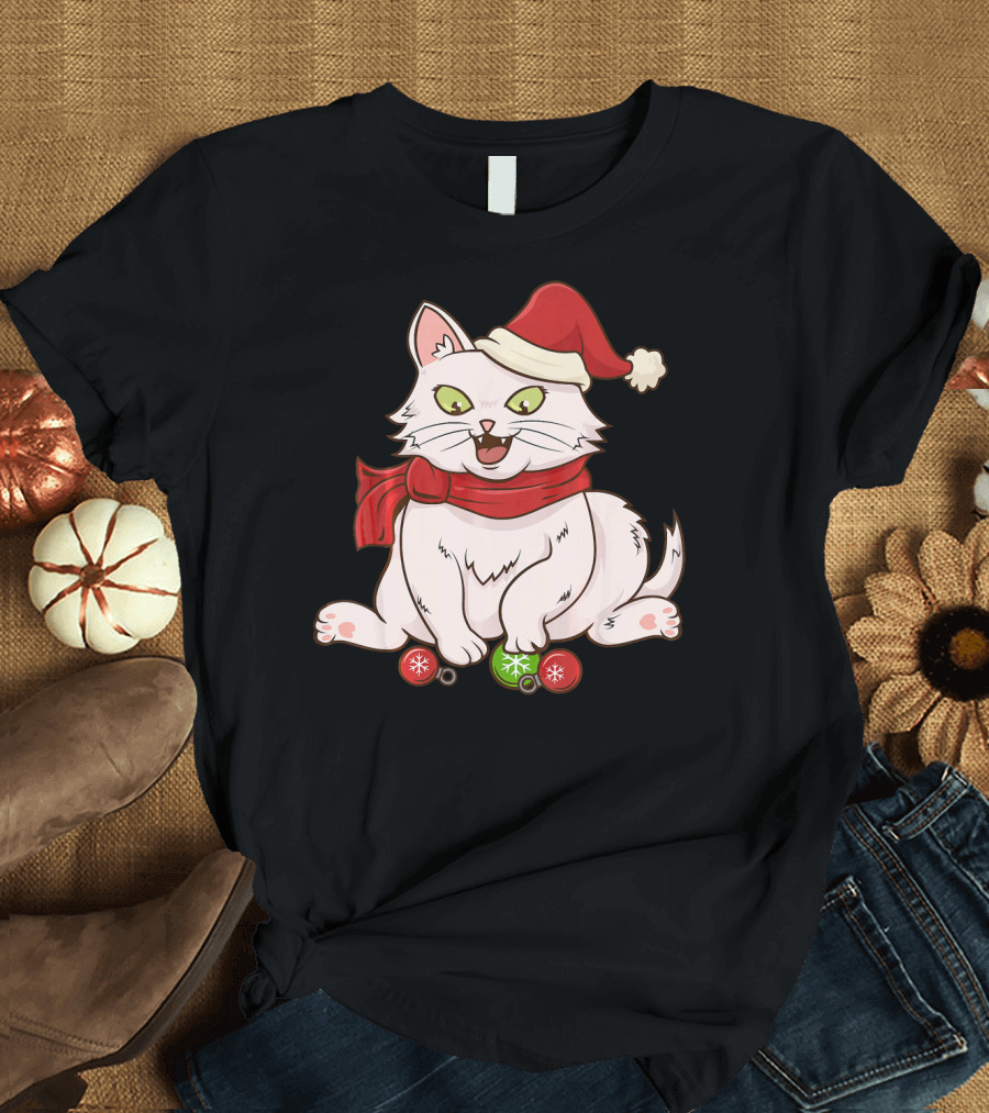 Christmas Cat Santa Kitten Meowy Xmas Scarf Baubles T-Shirt