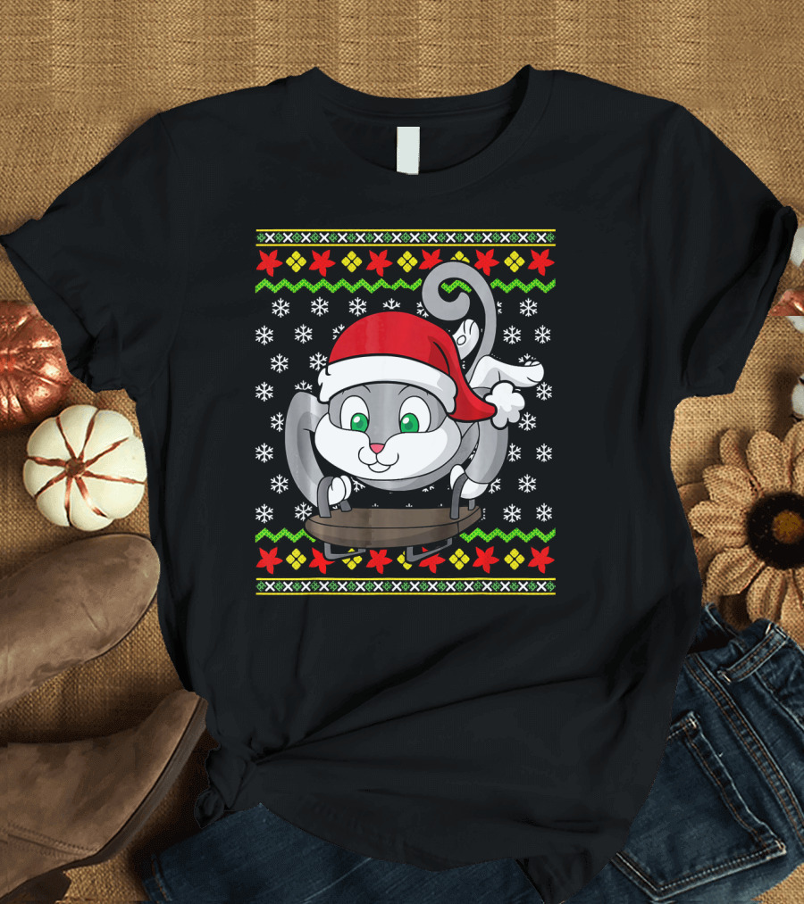 Sledding Cat Ugly Christmas Sweater Santa Hat Snowflakes Holiday T-Shirt