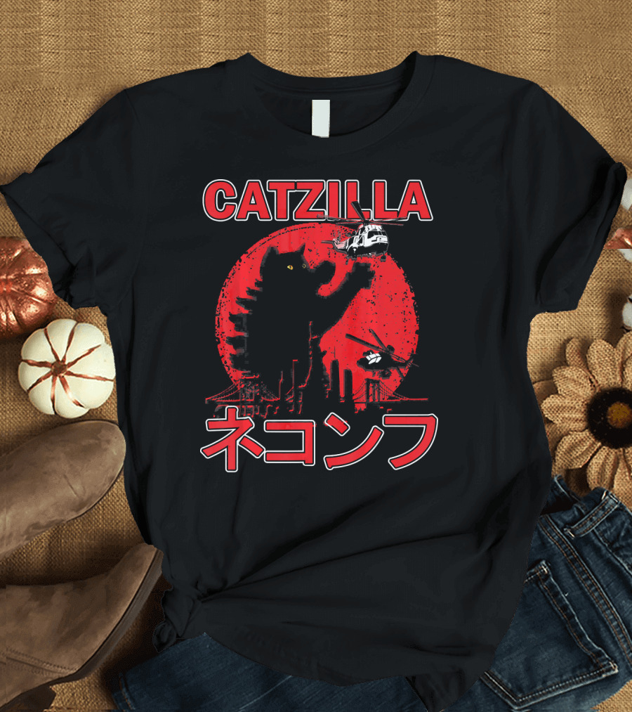Catzilla Japanese Sunset Giant Cat Helicopter Chase T-Shirt