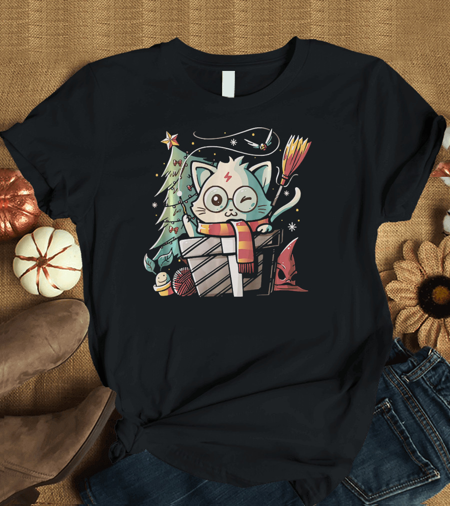 Merry Catmas Christmas Tree Funny Cat Wizard T-Shirt
