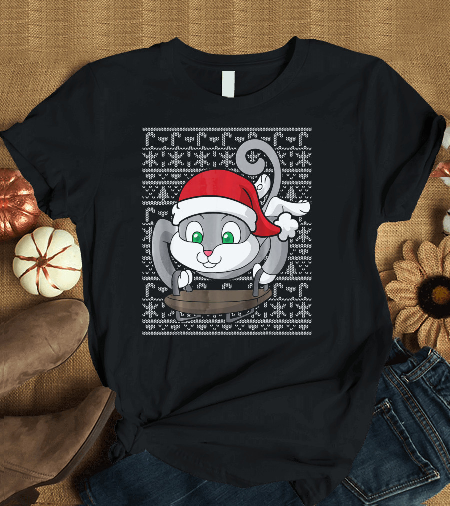 Sledding Cat Kitten Santa Ugly Sweater Christmas T-Shirt