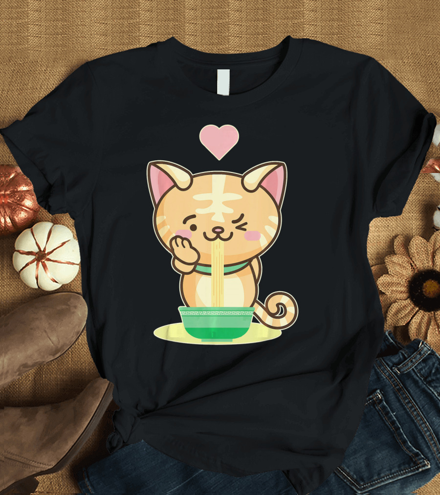 Kawaii Kitty Eating Ramen Noodles with Heart T-Shirt