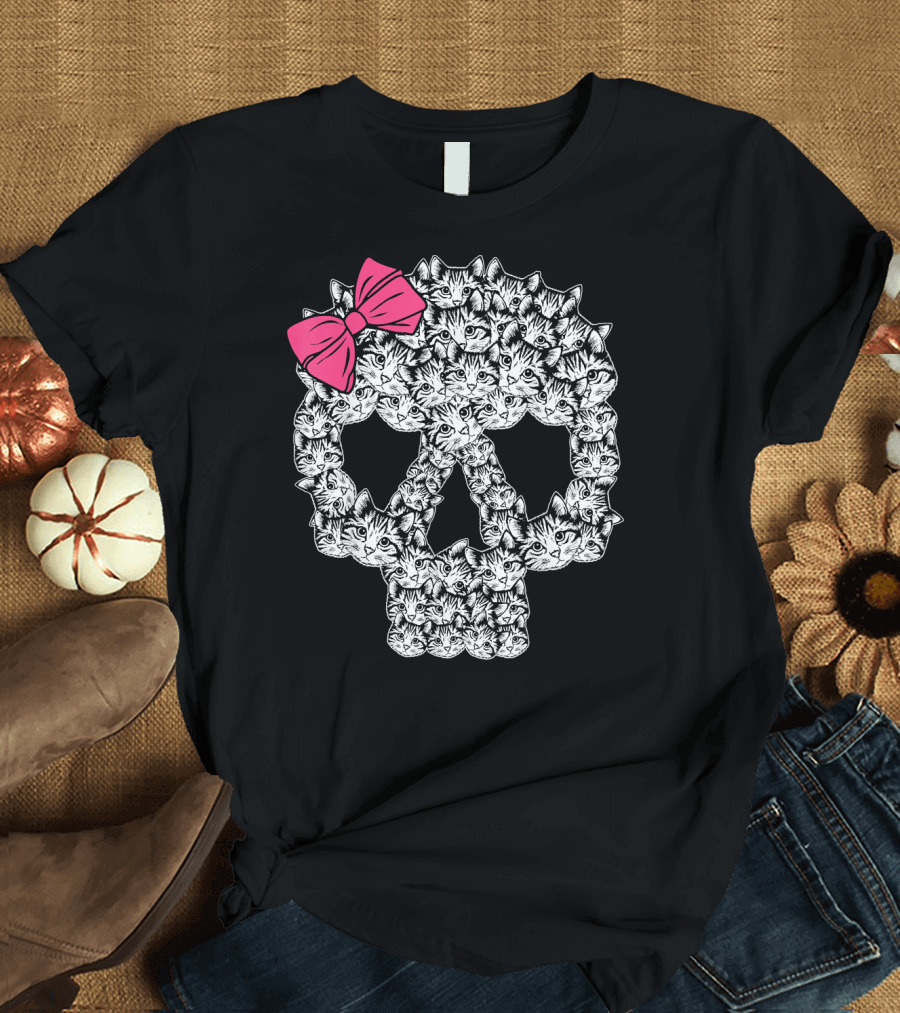 Cat Kitten Skull with Pink Bow Gothic T-Shirt
