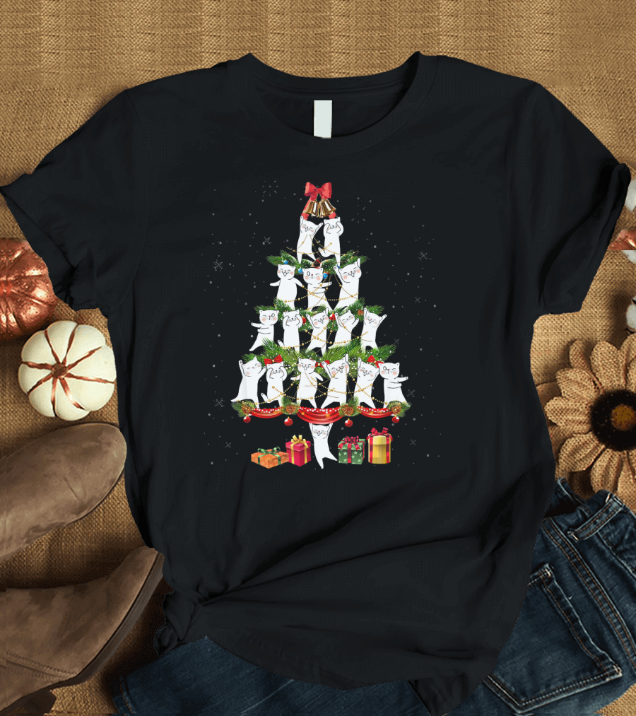 Cute Cat Christmas Light Tree Kitten Xmas T-Shirt