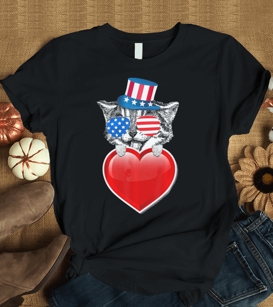 Funny Kitty Kitten Cat Valentines Day Heart American Flag Hat Glasses T-Shirt