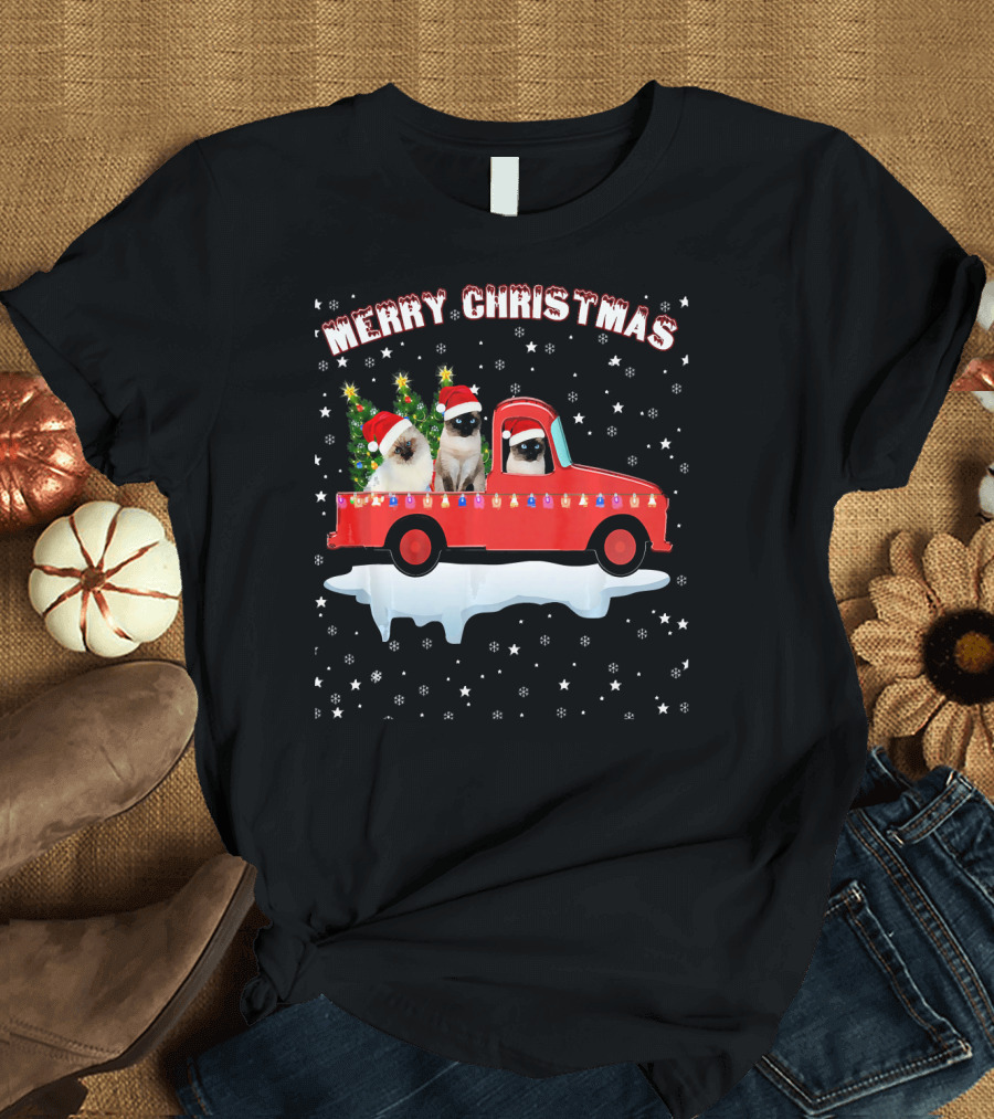 Merry Christmas Himalayan Cats Riding Red Truck with Santa Hats and Christmas Tree T-Shirt