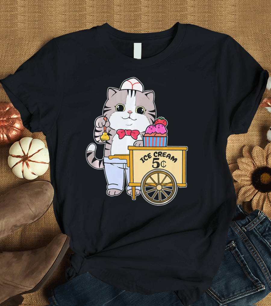 Cute Strawberry Ice Cream Seller Cat Ice Cream 5¢ T-Shirt