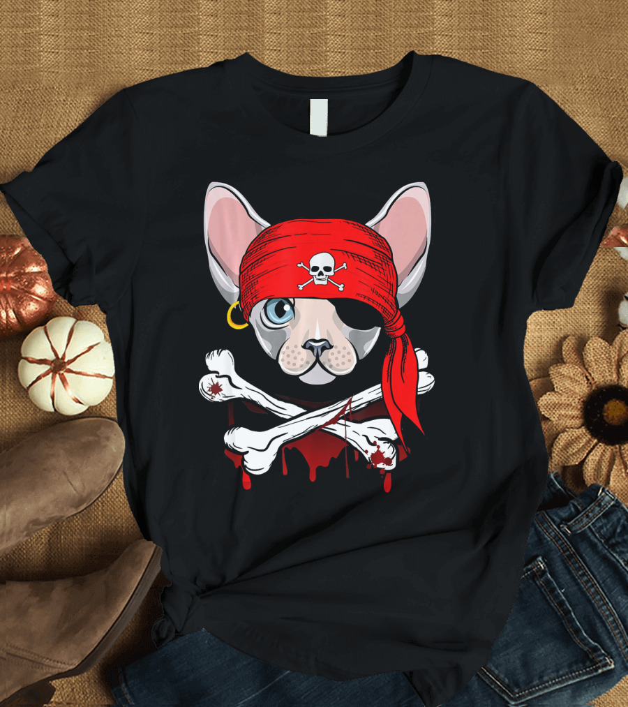 Pirate Costume Sphynx Cat Skull Crossbones Dog Dad Bandana T-Shirt