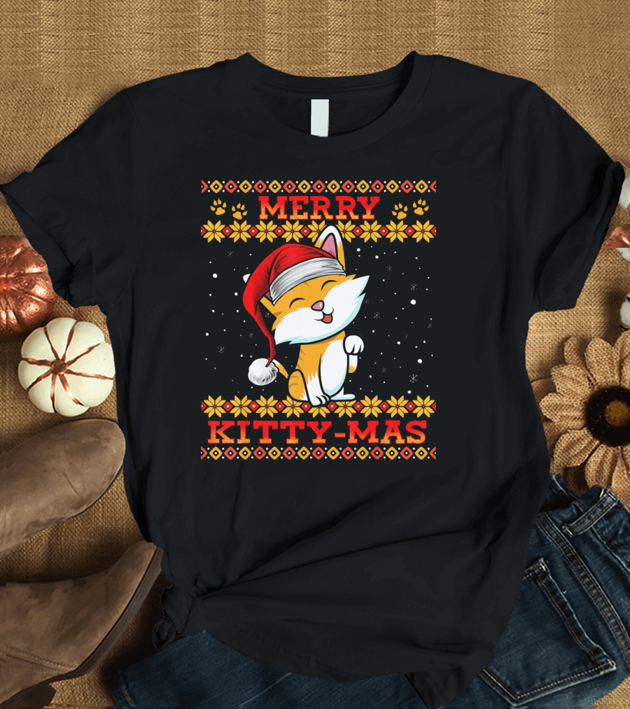 Merry Kitty Mas Cute Kitten Cat Feline Santa Hat Festive Christmas Holiday T-Shirt