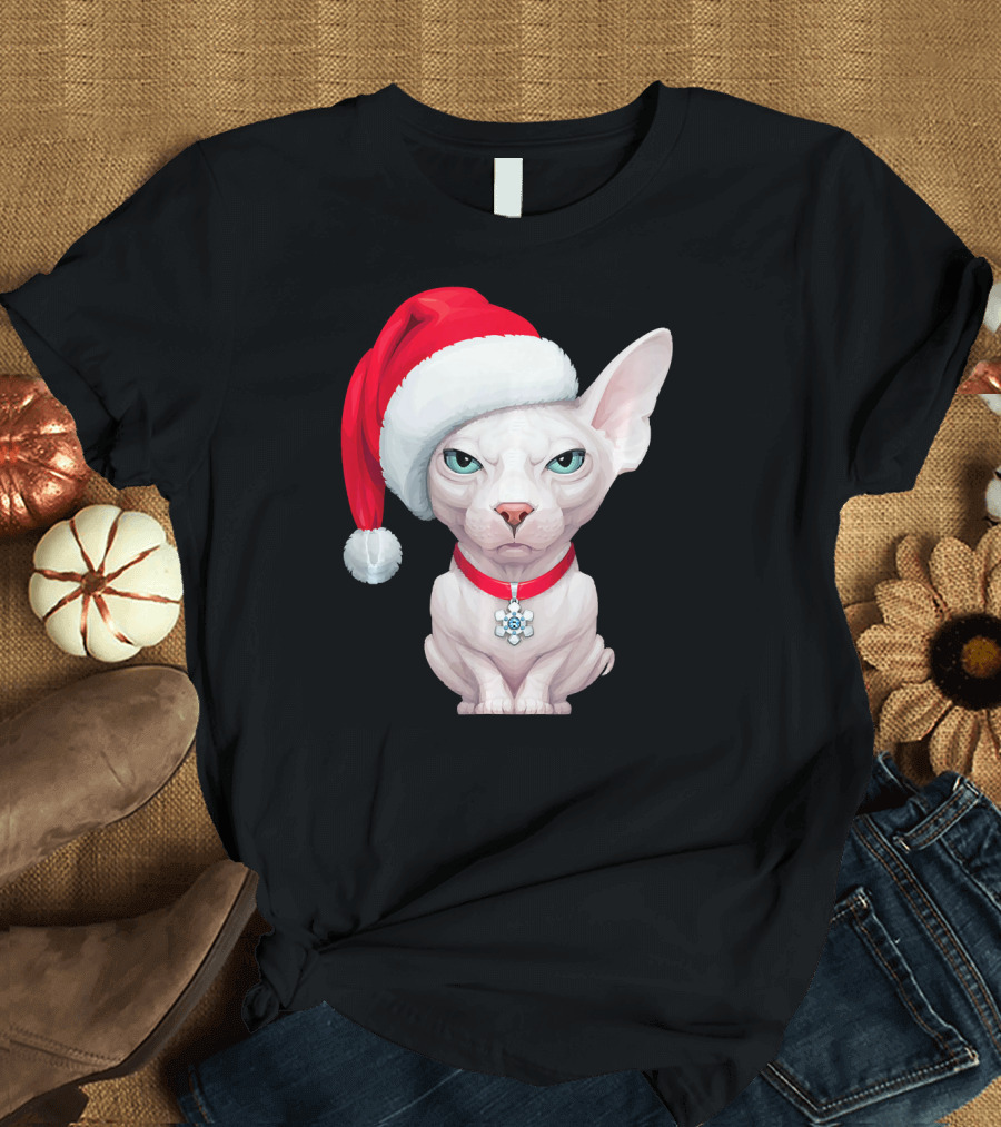 White Sphynx Cat with Santa Claus Hat and Festive Collar T-Shirt