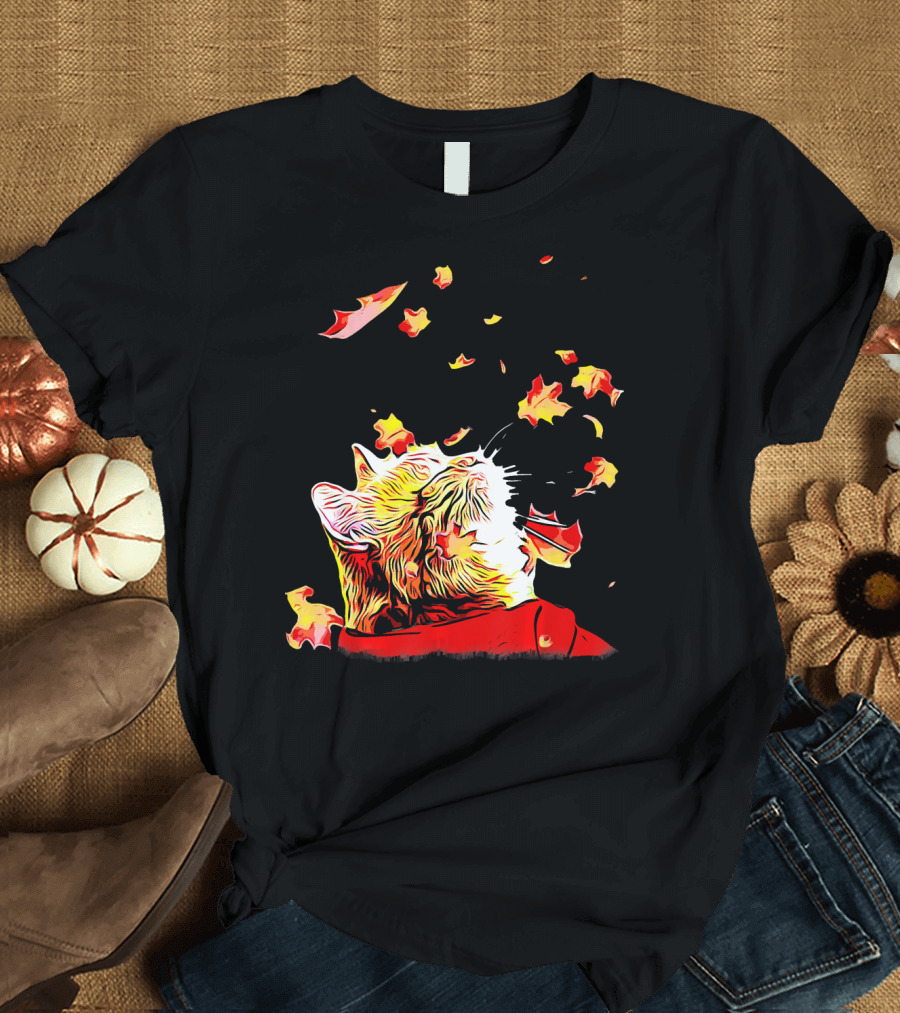 Cat and Maple Leaves Celebrating Autumn Bliss T-Shirt