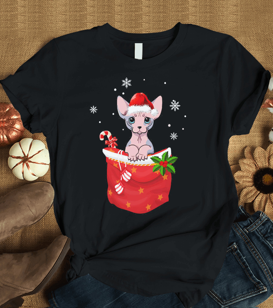 Sphynx Cat Wearing Santa Hat in Christmas Stocking with Candy Cane and Snowflakes T-Shirt