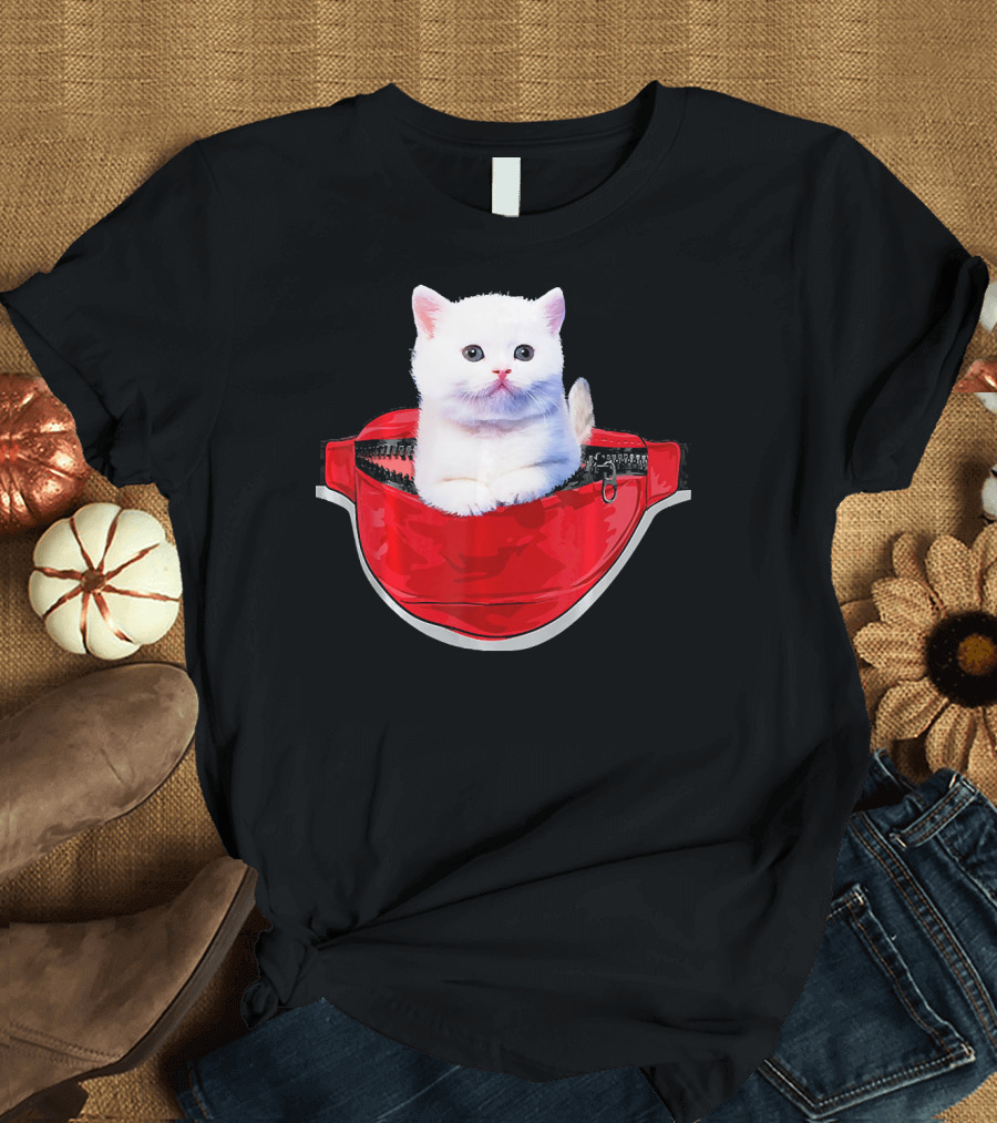 Funny White Cat in Red Waist Pack Zipper Pouch T-Shirt