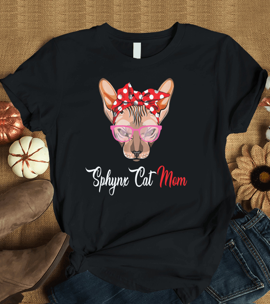 Sphynx Cat Mom Glasses and Polka Dot Headscarf T-Shirt