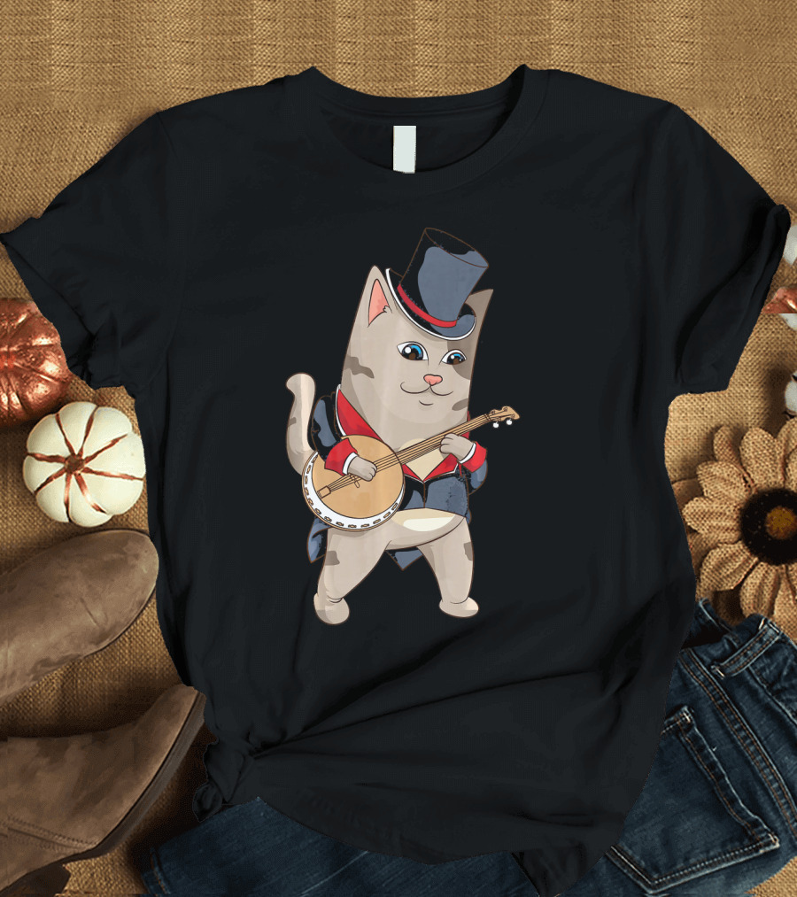Cool Cat Playing Banjo Funny Kitten Top Hat Suit T-Shirt