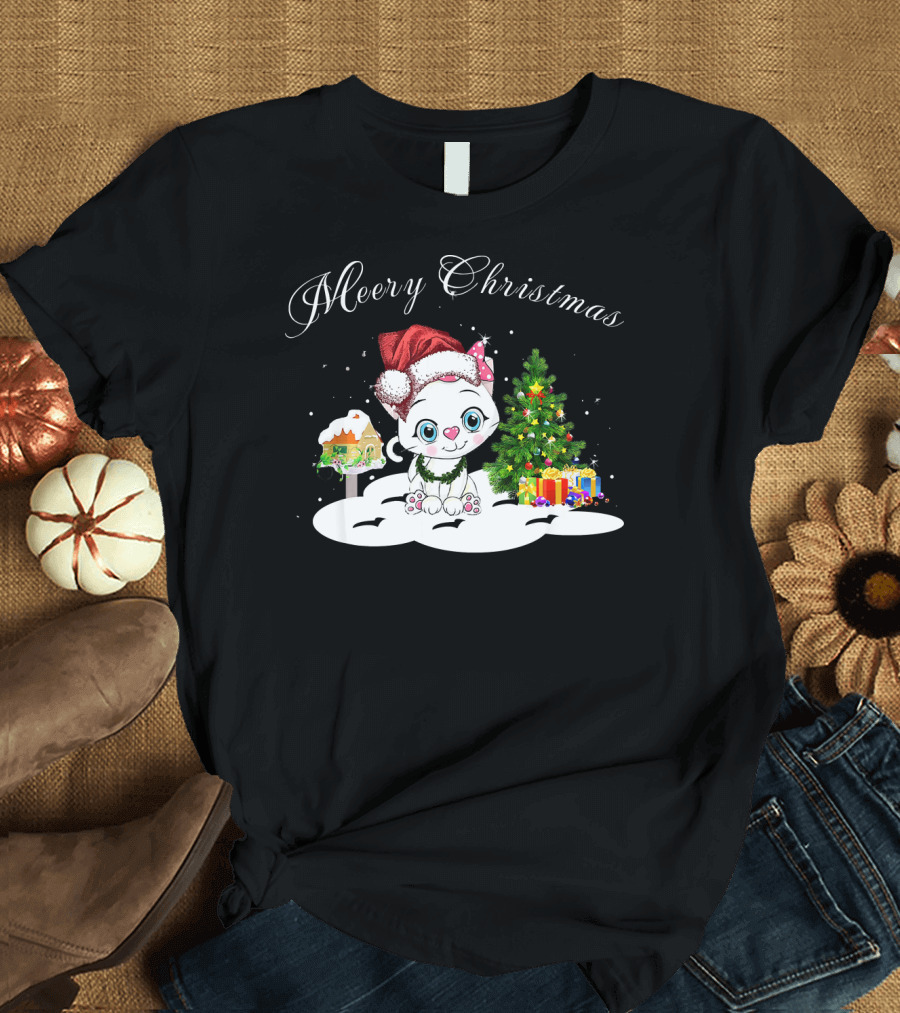 Merry Christmas Funny Kitten Cat with Santa Hat and Christmas Tree T-Shirt