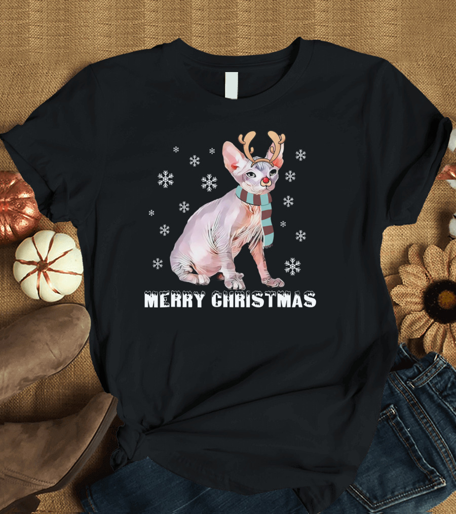 Merry Christmas Reindeer Sphynx Cat Snowflakes Festive Scarf T-Shirt