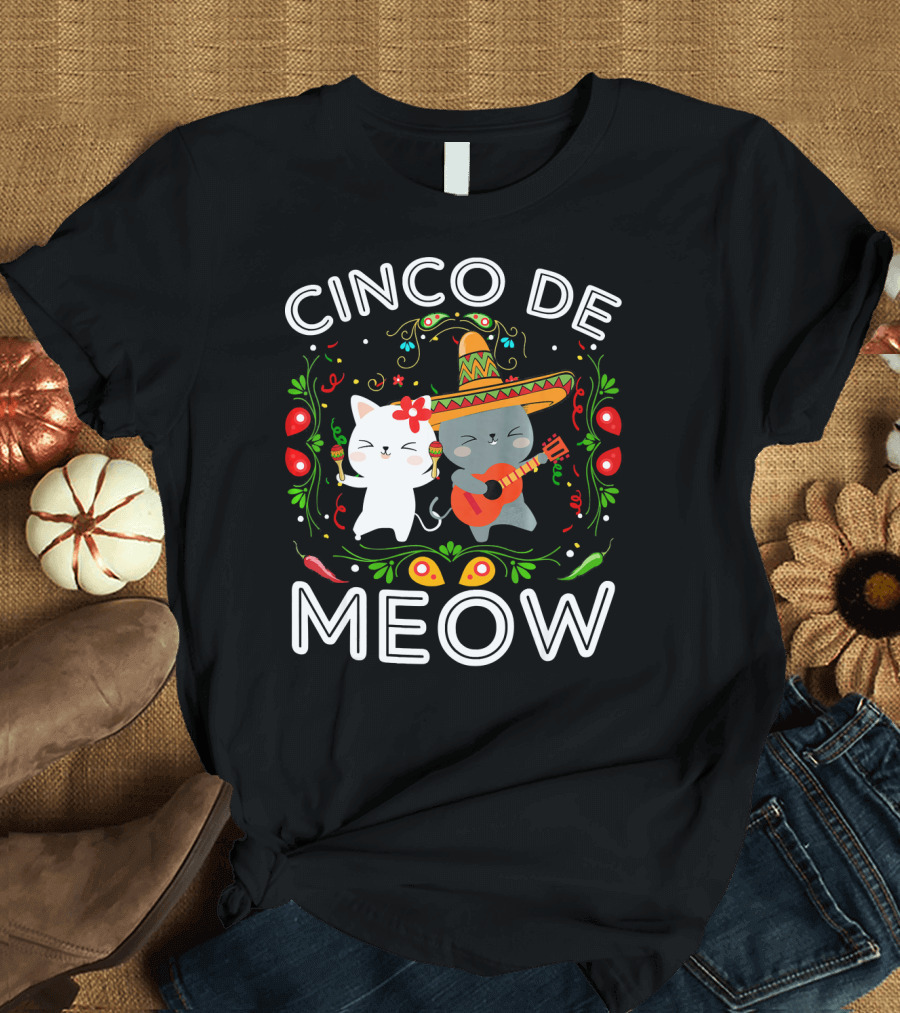 Cinco De Meow Mexican Kawaii Cat with Sombrero and Guitar T-Shirt