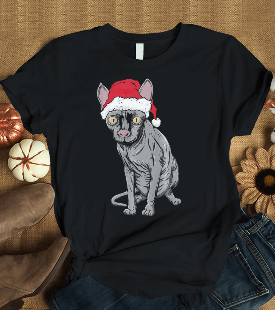 Sphynx Cat in Santa Hat Xmas Holiday Meme T-Shirt