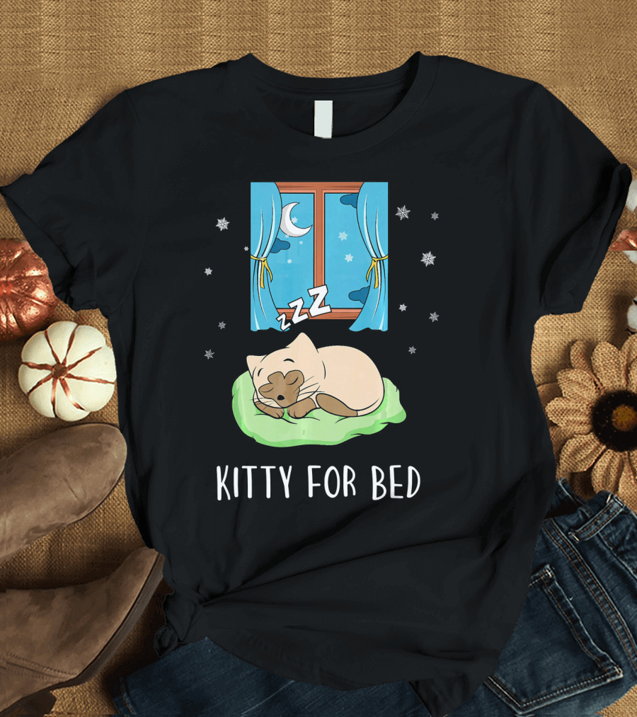 Kitty For Bed Cute Sleepy Siamese Cat by Window with Stars and Moon T-Shirt