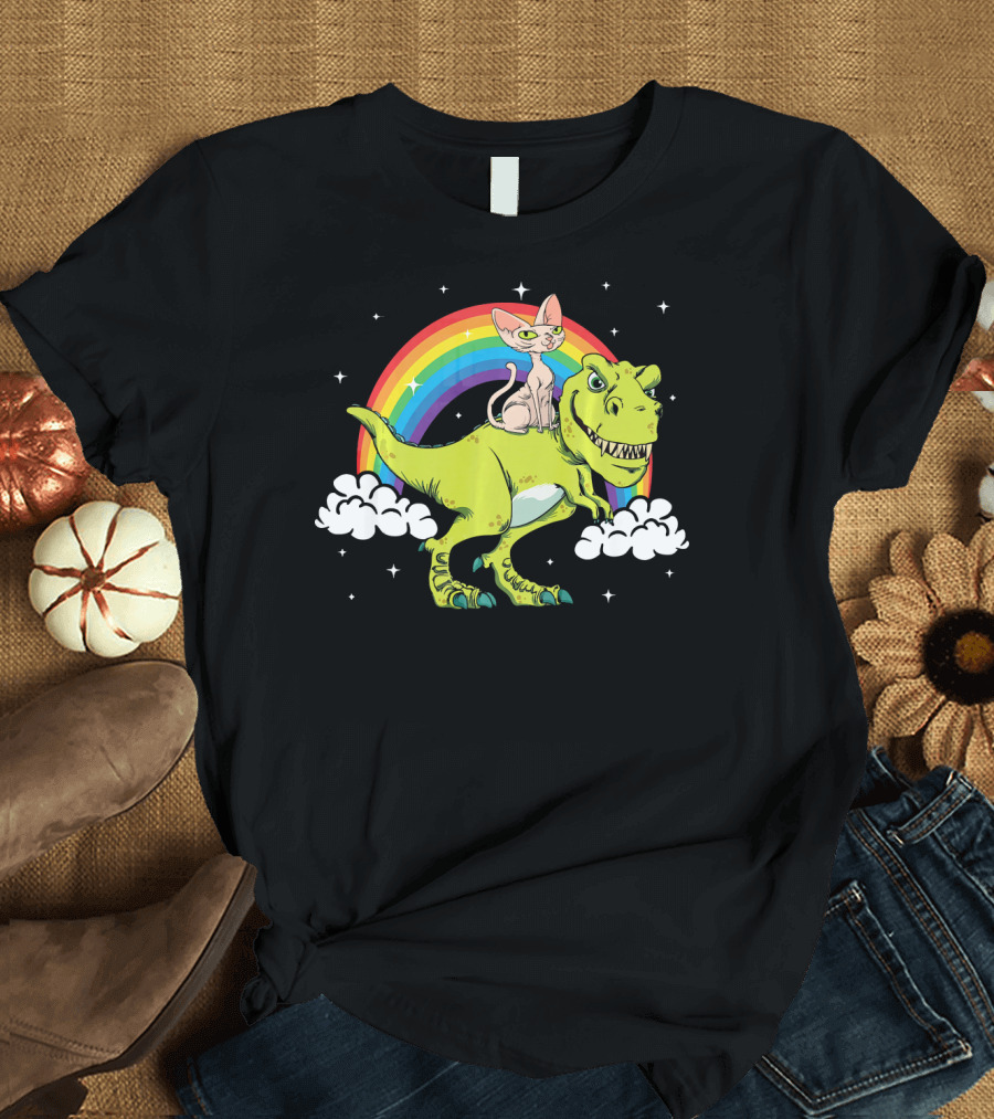 Sphynx Cat Riding Tyrannosaurus Rex with Rainbow and Stars T-Shirt