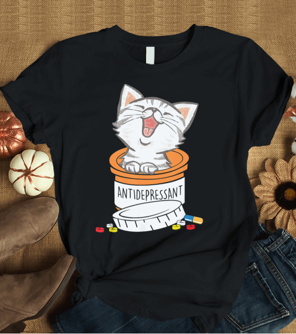 T-Shirt: Funny Cute Cat in Antidepressant Pill Bottle T-Shirt Funny Cute Cat in Antidepressant Pill Bottle T-Shirt