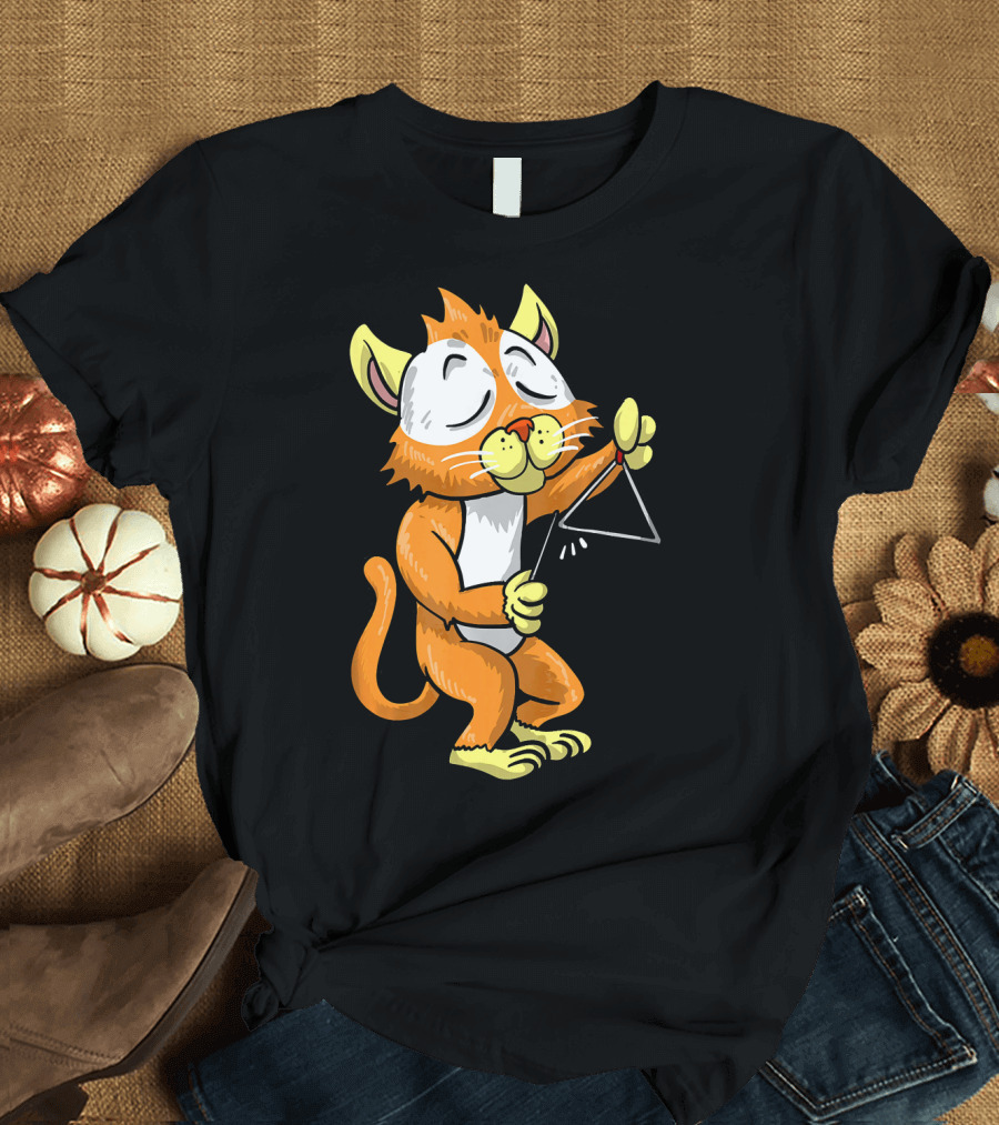 Funny Cat Playing Triangle Cute Kitten Playful Orchestra T-Shirt