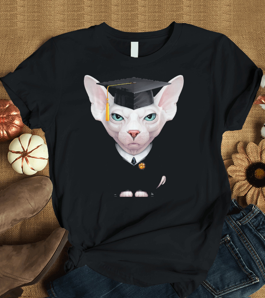White Sphynx Cat Graduation Attire with Cap and Tassel T-Shirt