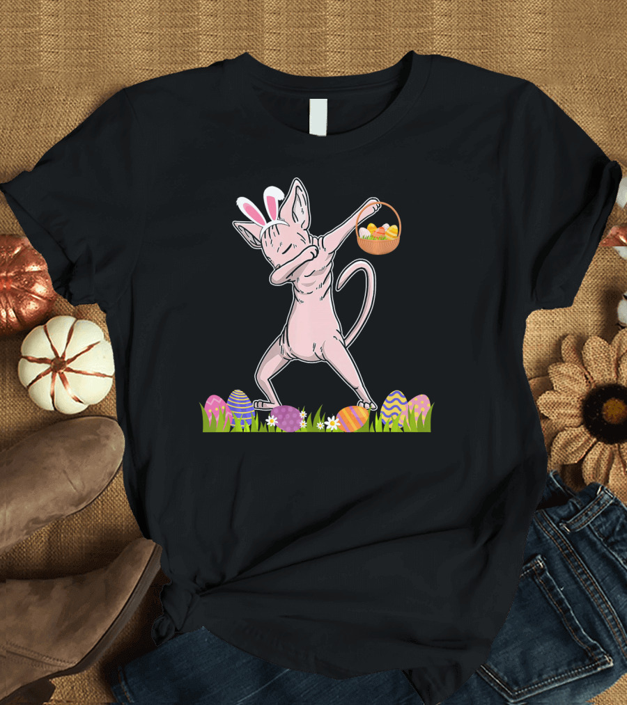 Sphynx Cat Dabbing with Easter Egg Basket and Bunny Ears T-Shirt