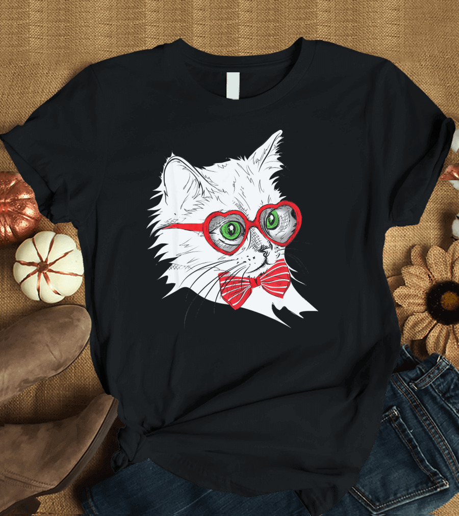 Cute White Kitten with Heart Sunglasses and Red Bow Tie T-Shirt