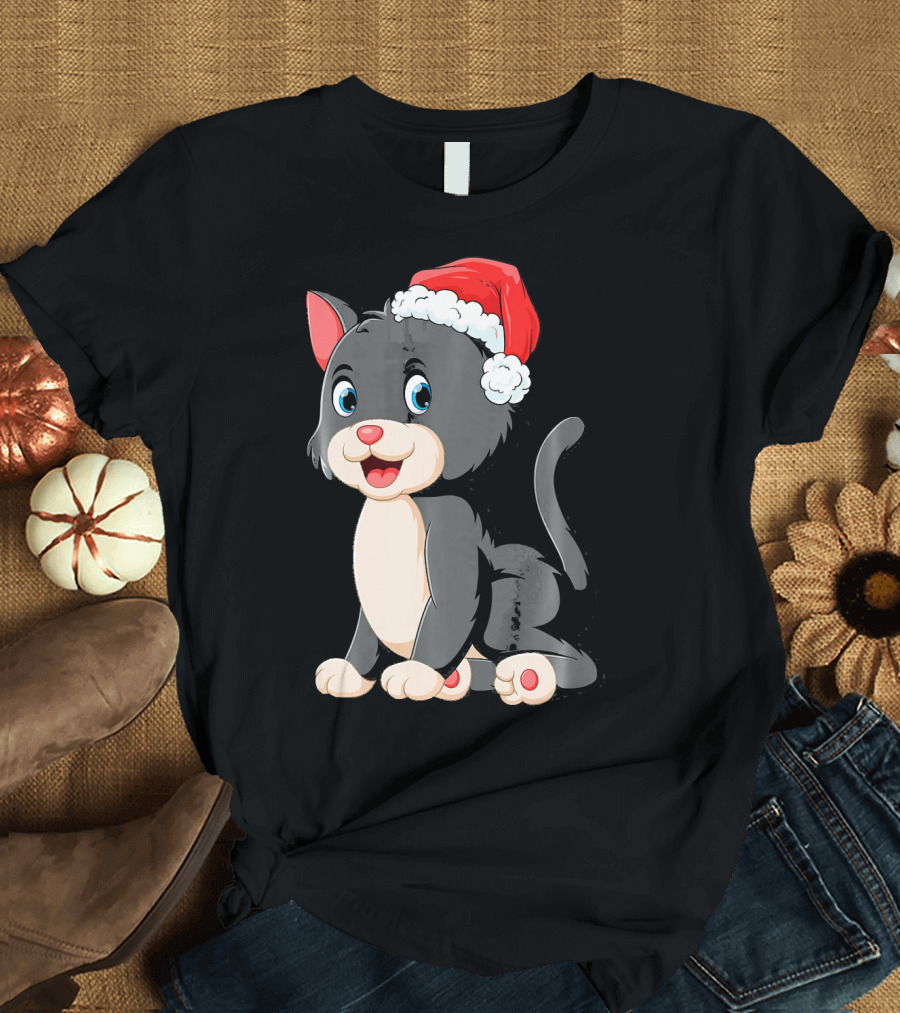 Kitten Cat Santa Hat Ugly Christmas Tree Cute Festive Cartoon T-Shirt