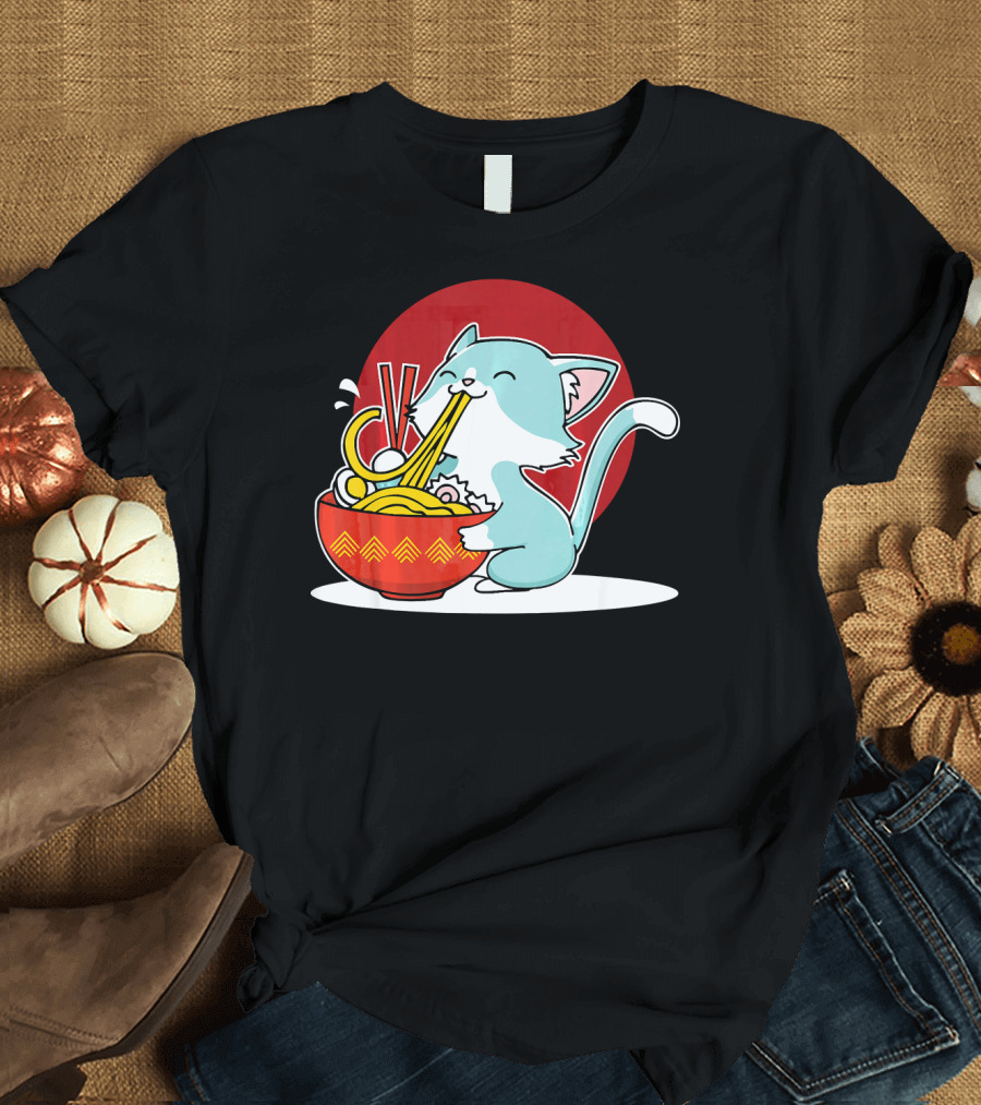 Whimsical Cat Enjoying Japanese Ramen Noodles with Red Circle Background T-Shirt
