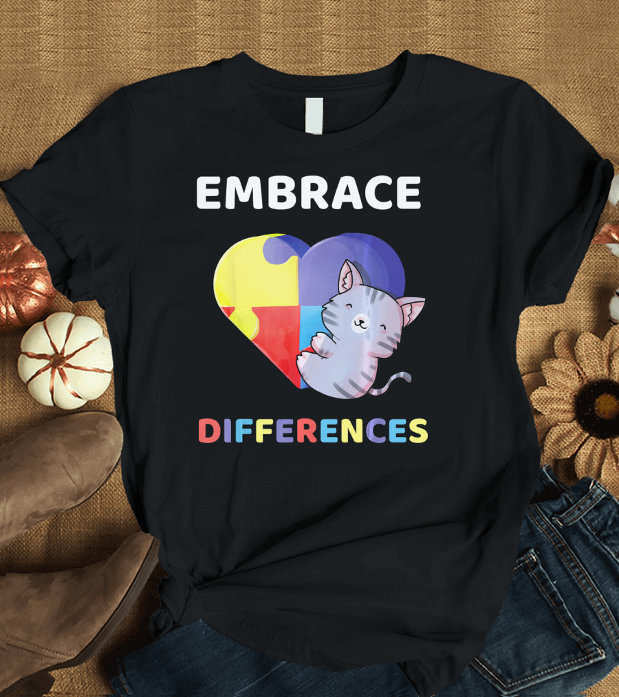 Embrace Differences Autism Awareness Cat Puzzle Heart T-Shirt