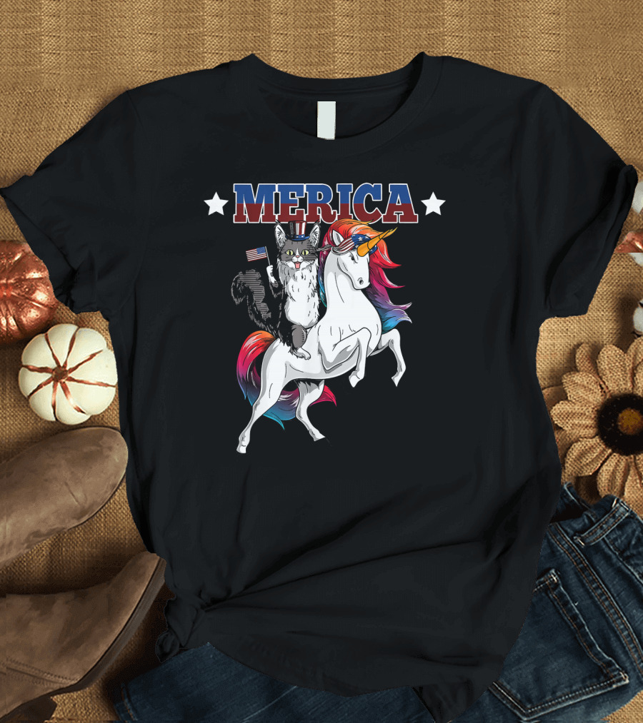 Merica Maine Coon Cat Riding Rainbow Unicorn with USA Flag T-Shirt